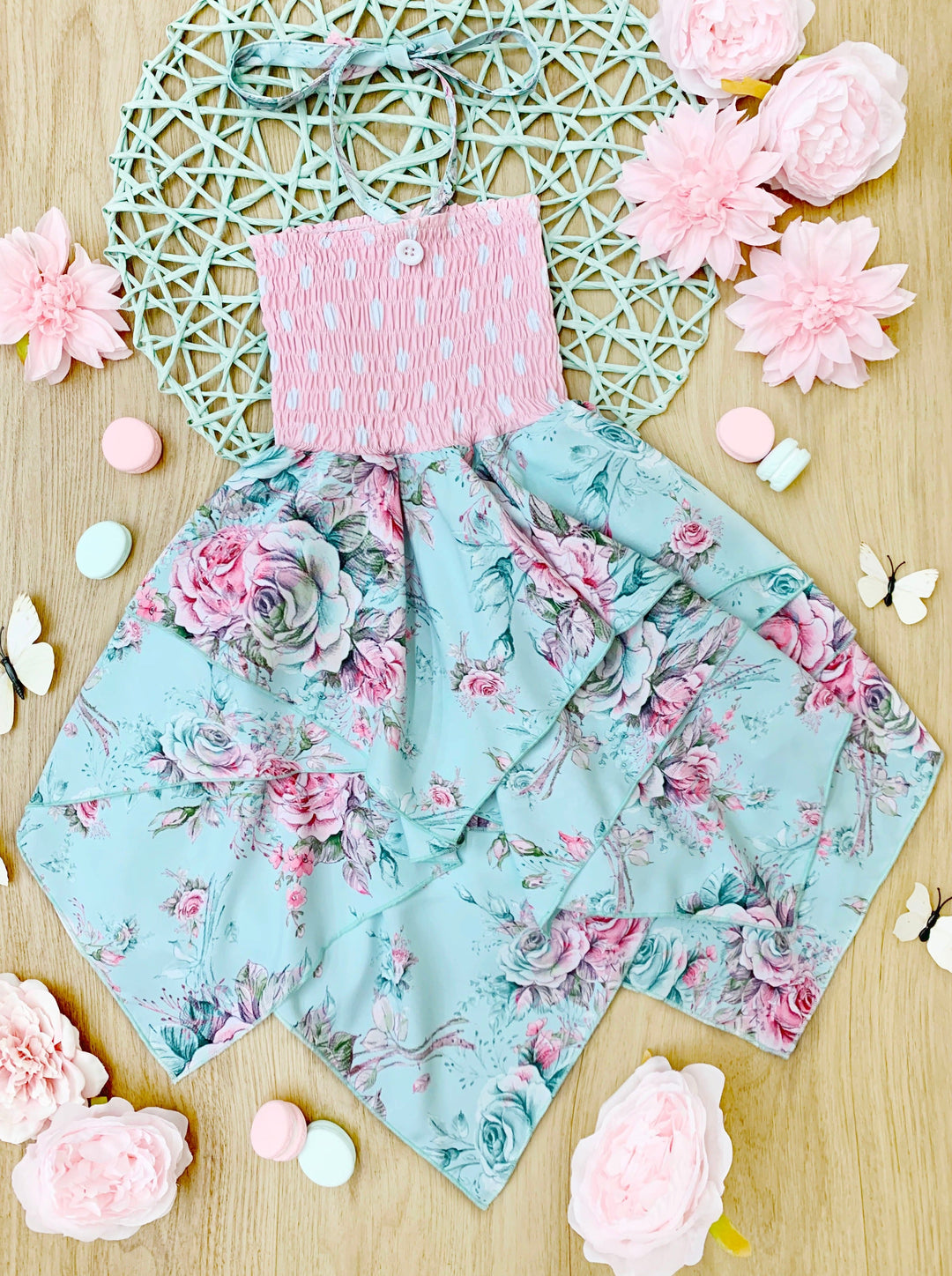 Toddler Spring Dress | Girls Smocked Top Rose Print Handkerchief Dress