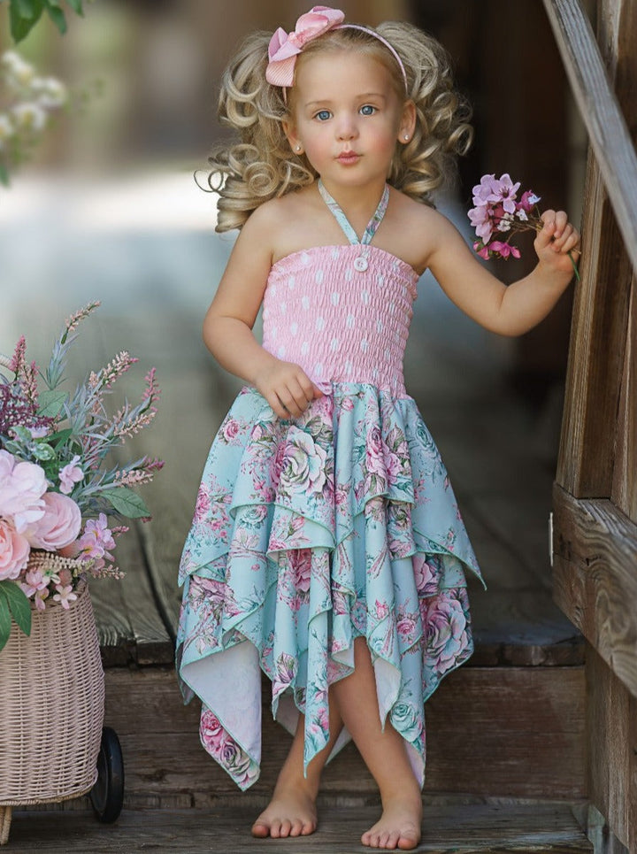 Toddler Spring Dress | Girls Smocked Top Rose Print Handkerchief Dress