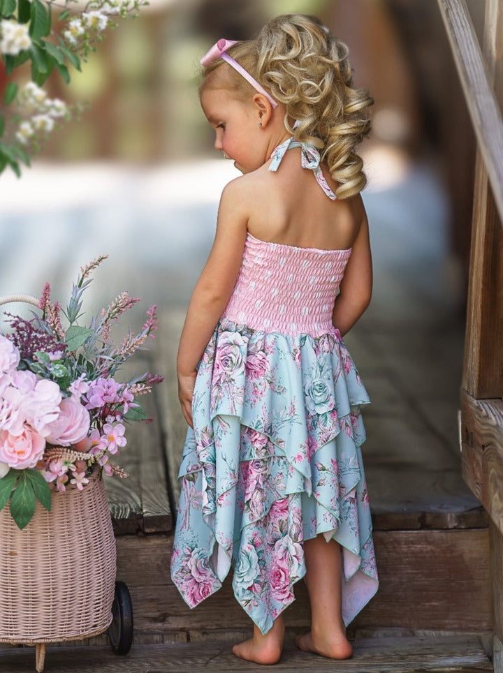 Toddler Spring Dress | Girls Smocked Top Rose Print Handkerchief Dress