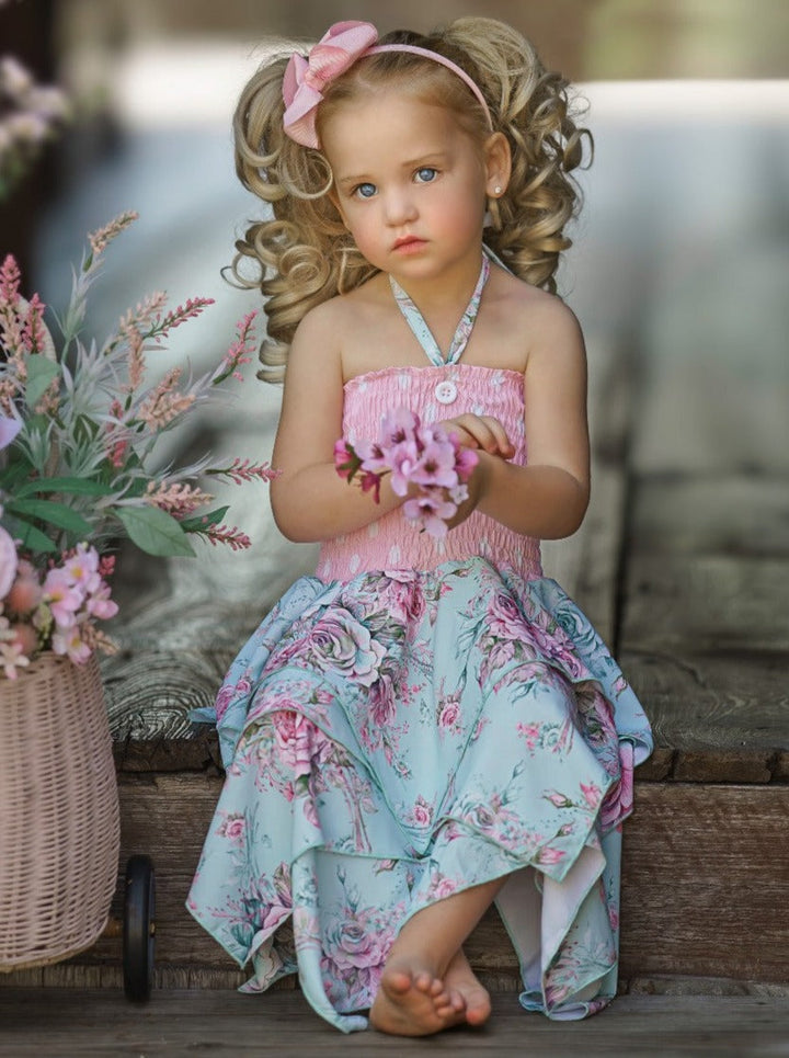 Toddler Spring Dress | Girls Smocked Top Rose Print Handkerchief Dress