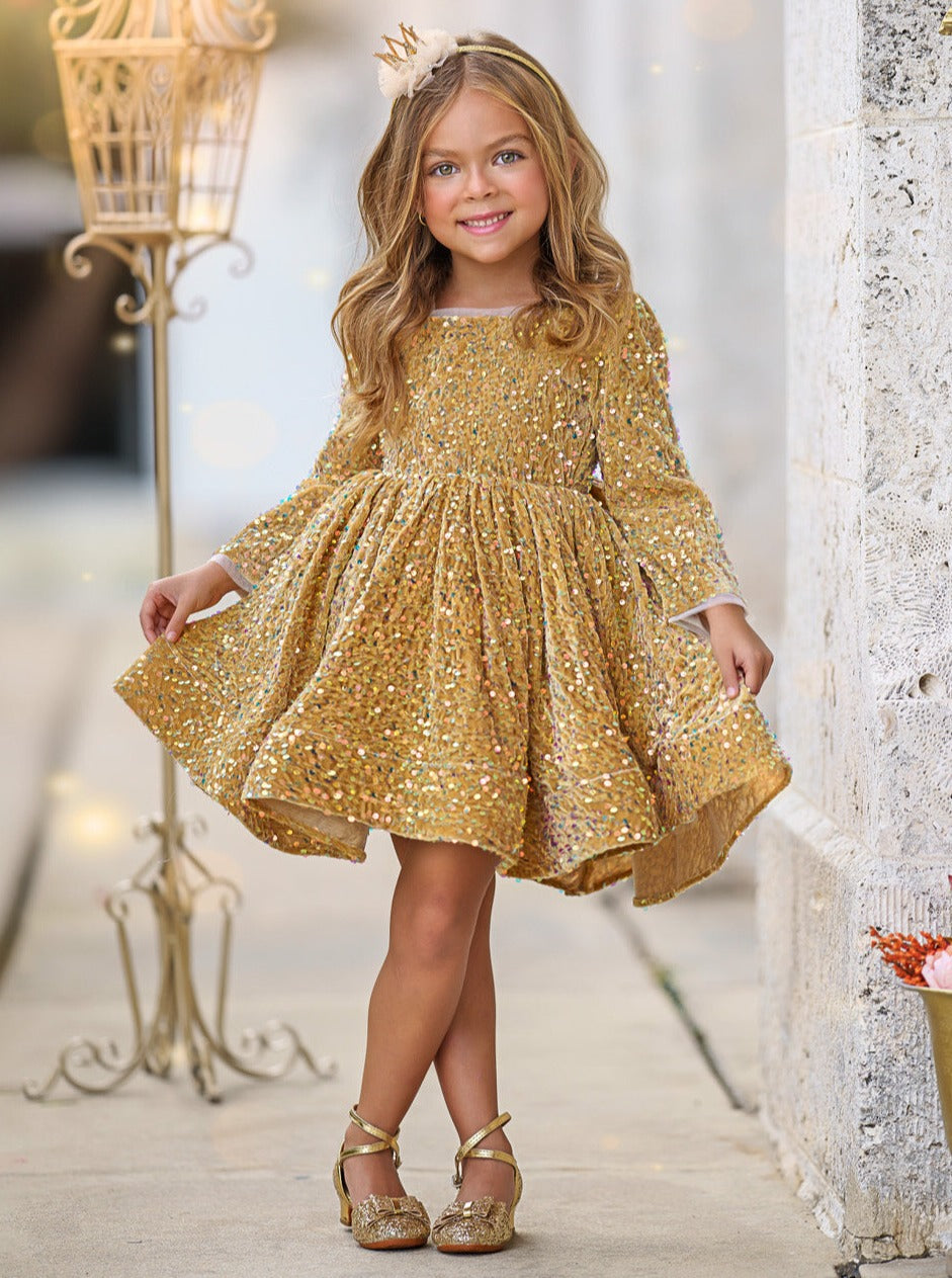 Girls Special Occasion Dress | Long Sleeved Sequin Formal Mini Dress