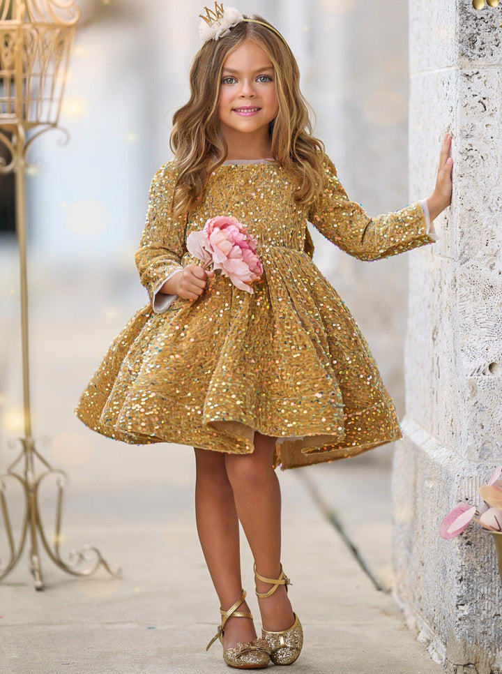 Girls Special Occasion Dress | Long Sleeved Sequin Formal Mini Dress