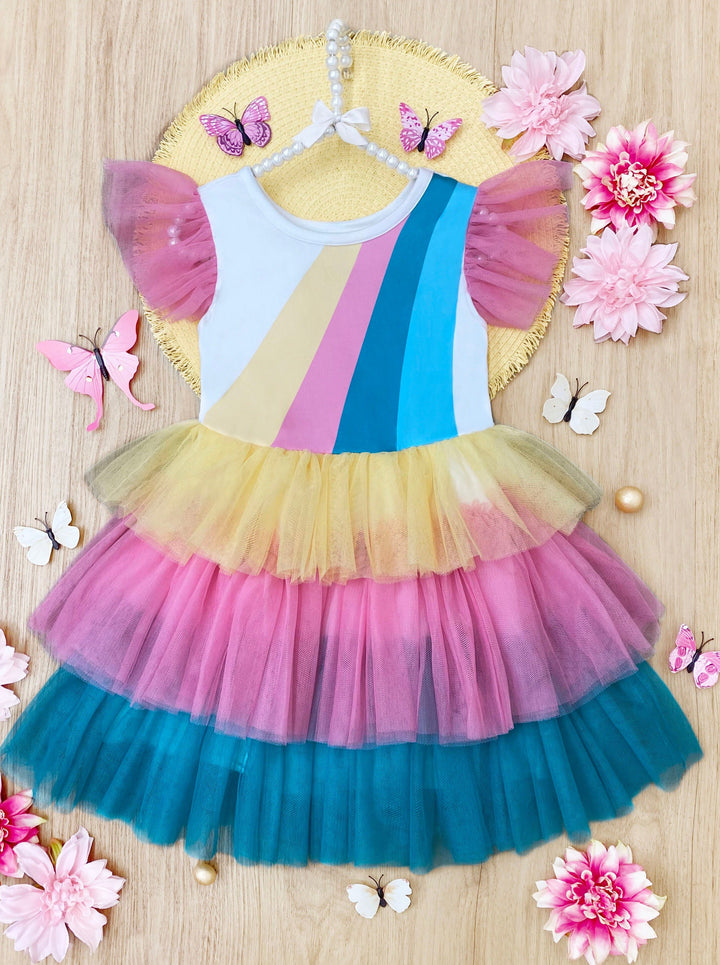 Spring Toddler Outfits | Girls Sleeveless Rainbow Ruffle Tulle Dress