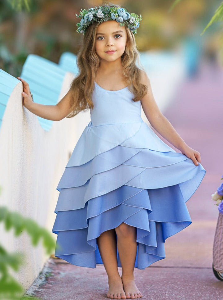 Toddler Spring Outfits | Girls Sleeveless Hues of Blues Tiered Dress