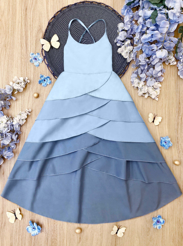 Toddler Spring Outfits | Girls Sleeveless Hues of Blues Tiered Dress