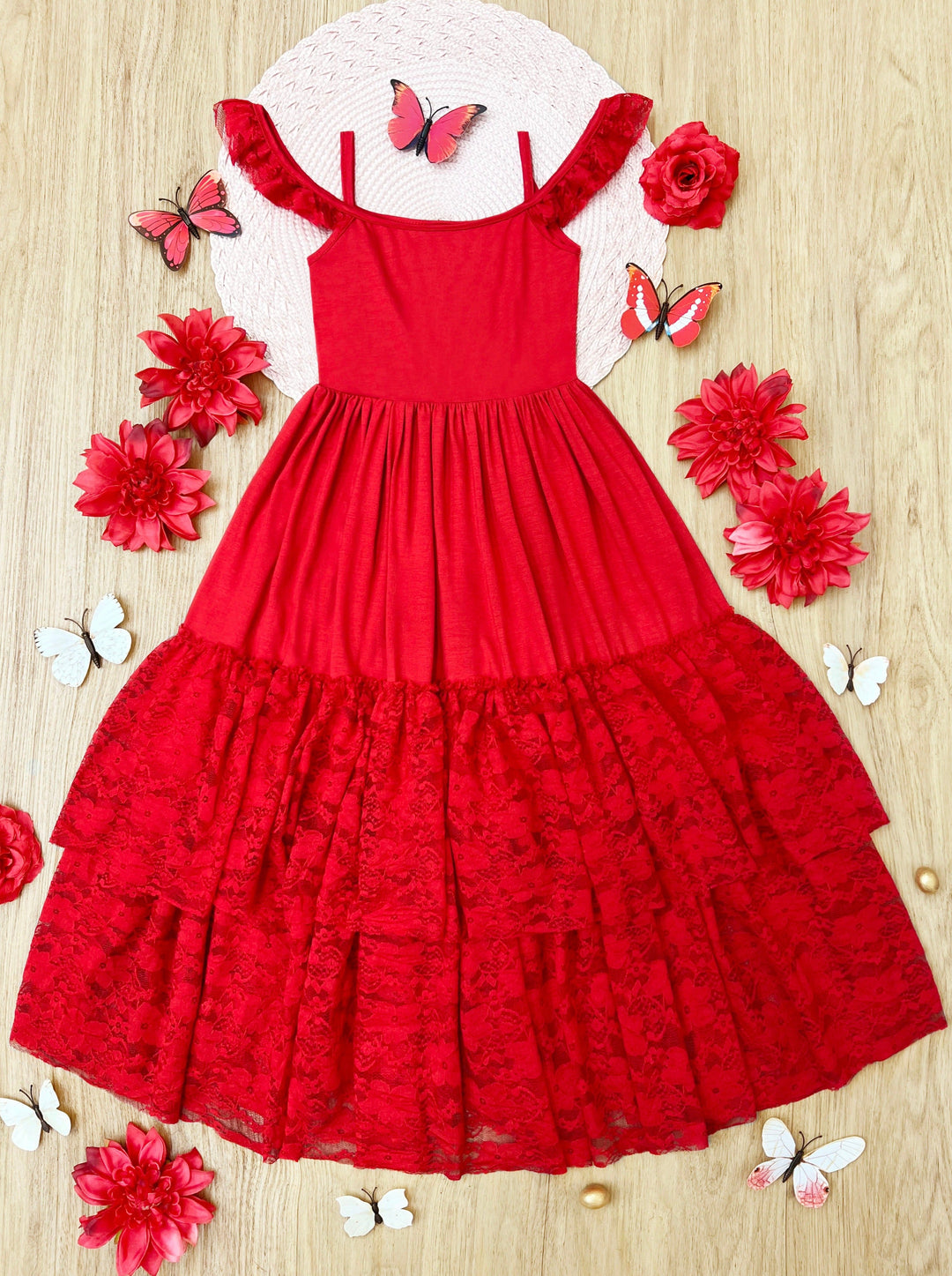 Mia Belle Girls Red Lace Ruffle Tiered Maxi Dress | 4th of July