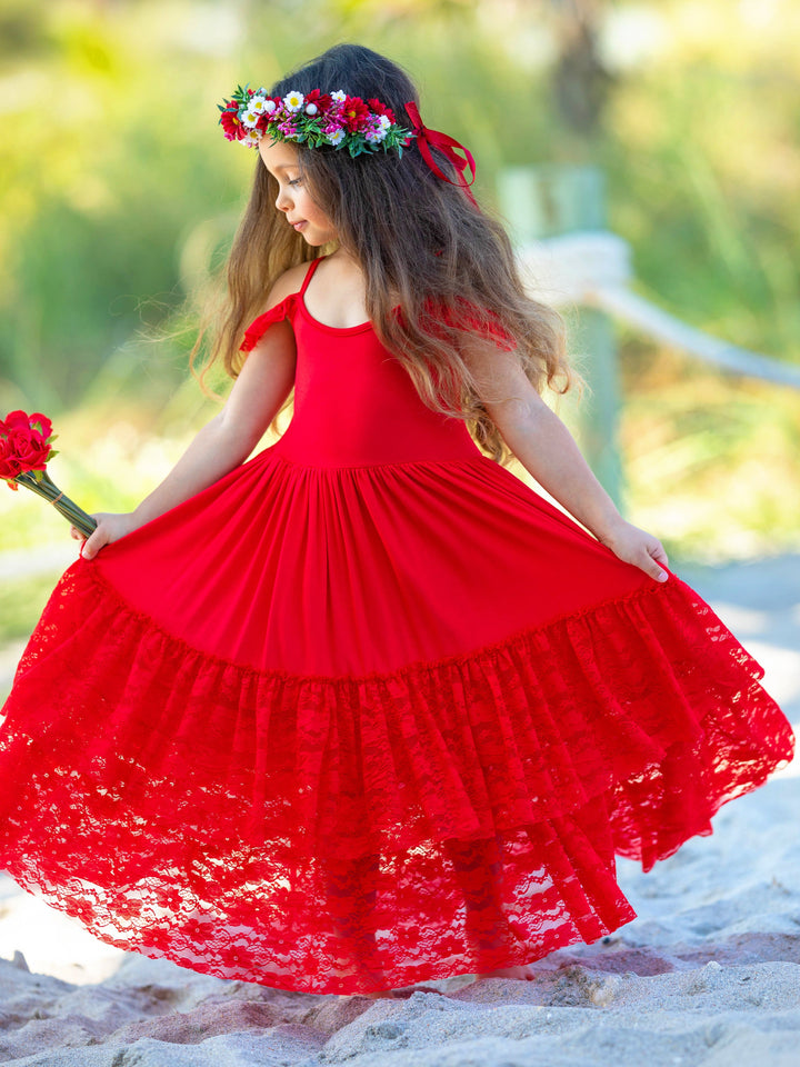 Mia Belle Girls Red Lace Ruffle Tiered Maxi Dress | 4th of July