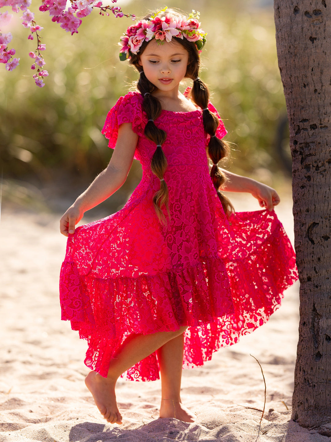 Toddler Spring Dress | Girls Hot Pink Cold Shoulder Maxi Lace Sundress