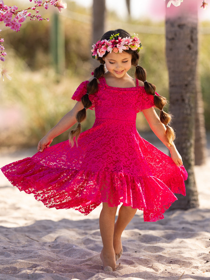 Toddler Spring Dress | Girls Hot Pink Cold Shoulder Maxi Lace Sundress