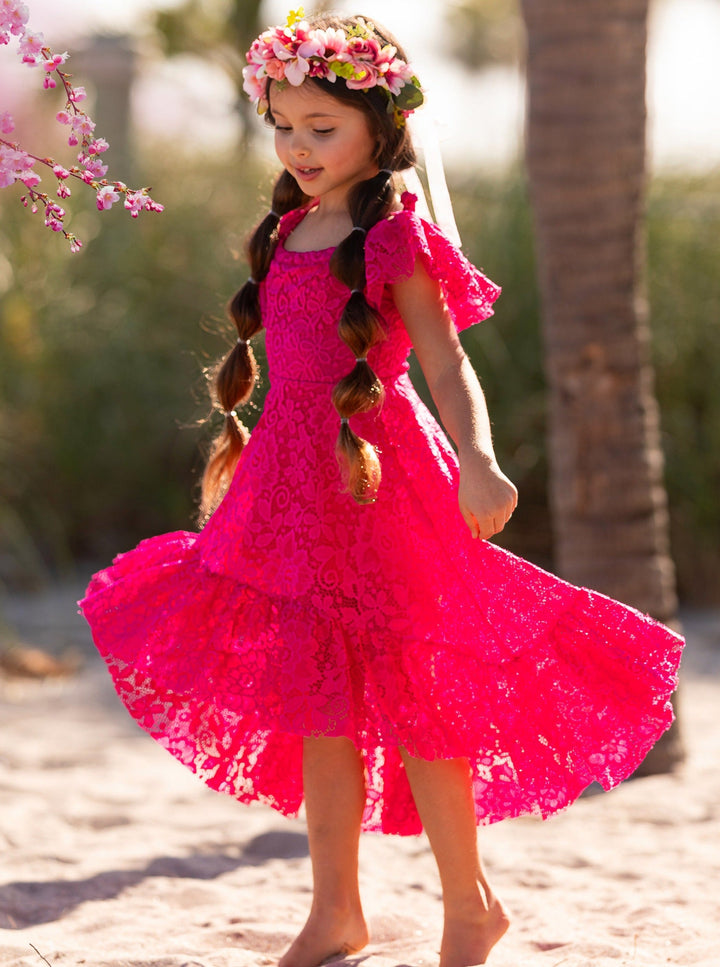 Toddler Spring Dress | Girls Hot Pink Cold Shoulder Maxi Lace Sundress