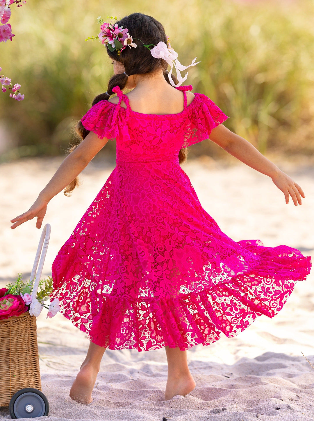 Toddler Spring Dress | Girls Hot Pink Cold Shoulder Maxi Lace Sundress