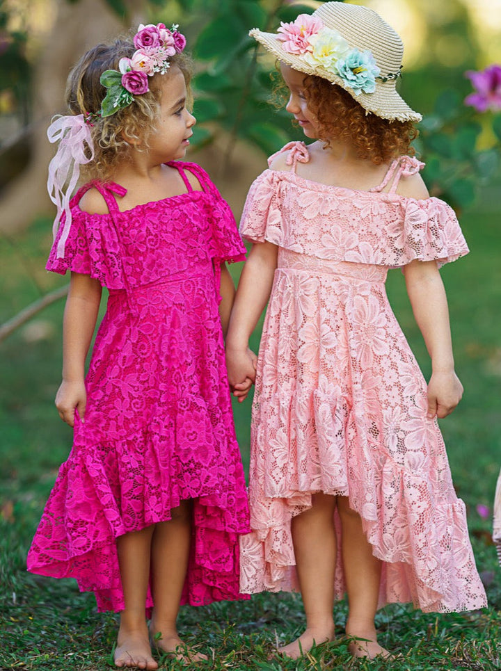 Toddler Spring Dress | Girls Pink Cold Shoulder Maxi Lace Sundress