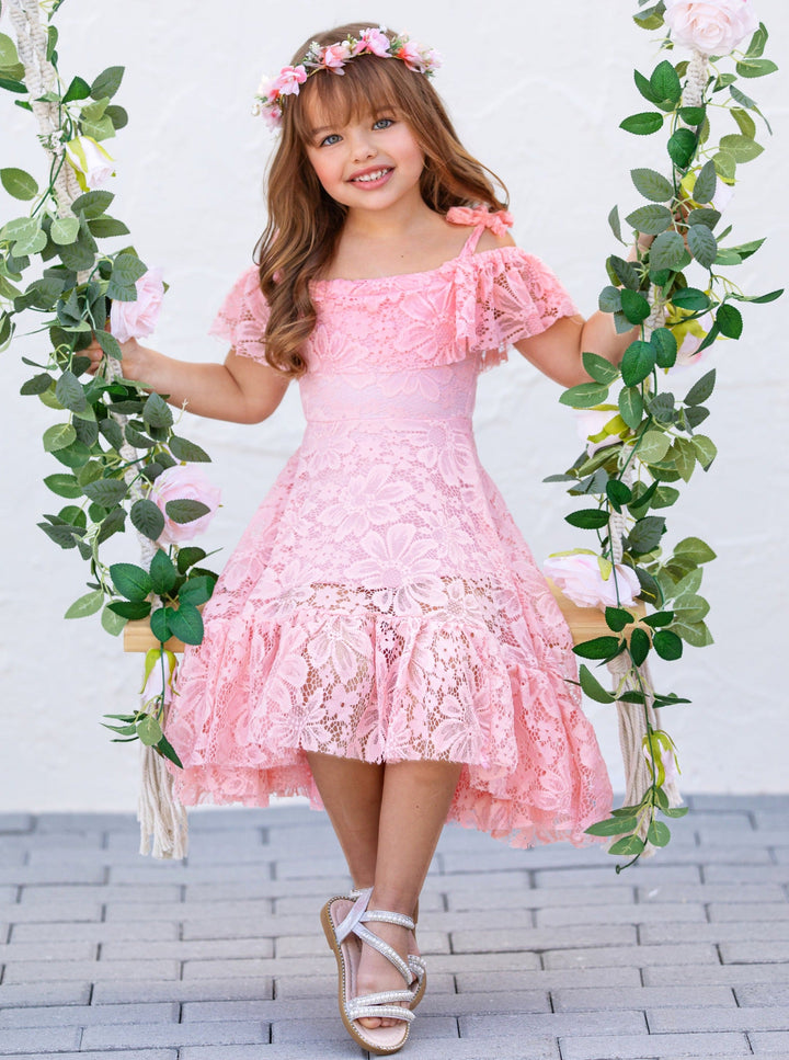 Toddler Spring Dress | Girls Pink Cold Shoulder Maxi Lace Sundress