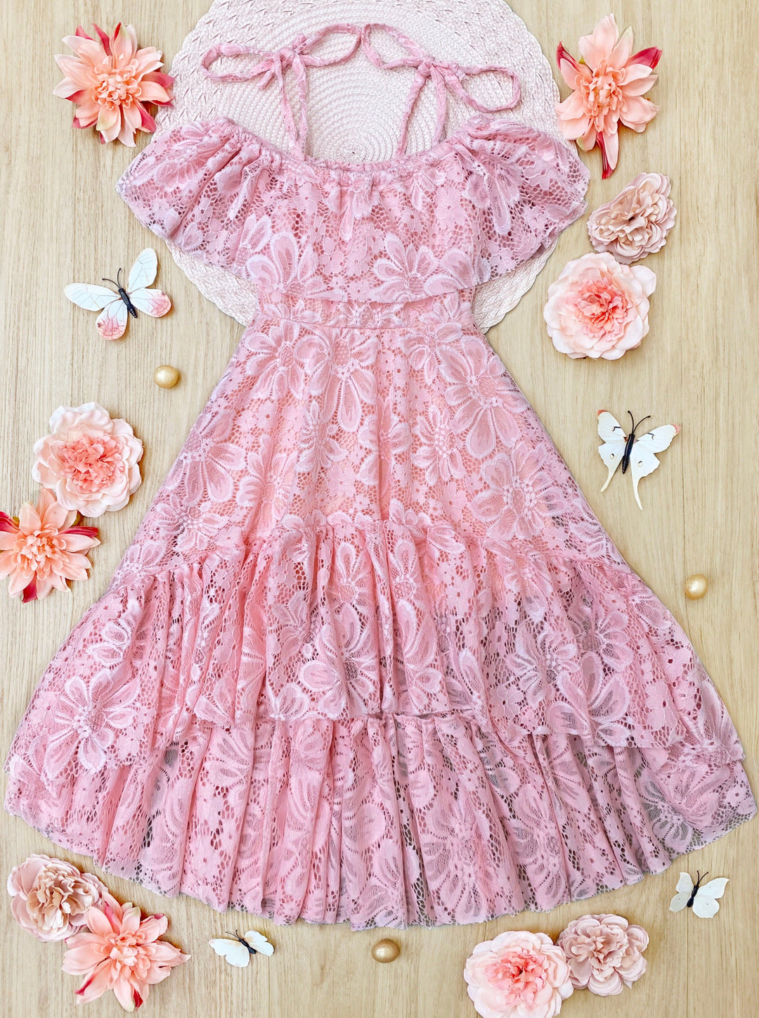 Toddler Spring Dress | Girls Pink Cold Shoulder Maxi Lace Sundress