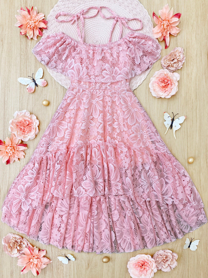 Toddler Spring Dress | Girls Pink Cold Shoulder Maxi Lace Sundress