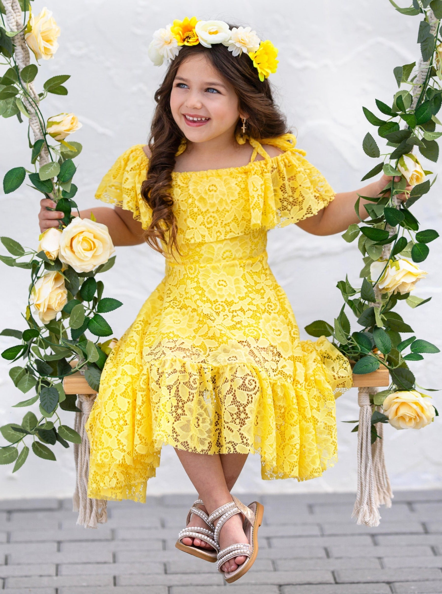 Toddler Spring Dress Girls Yellow Cold Shoulder Maxi Lace Sundress Yellow 7Y 8Y