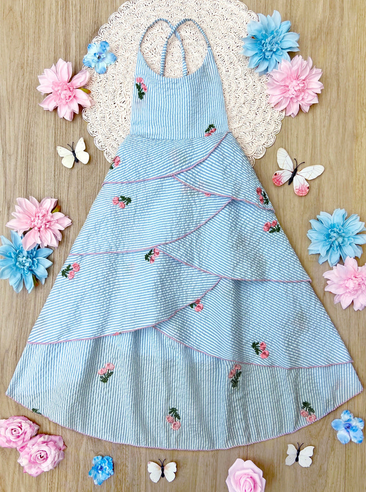 Toddler Spring Dress | Girls Sleeveless Pinstripe Floral Tiered Dress