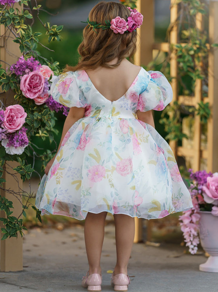 Spring Flower Girl Dresses | Puff Sleeve Floral Pleated Party Dress