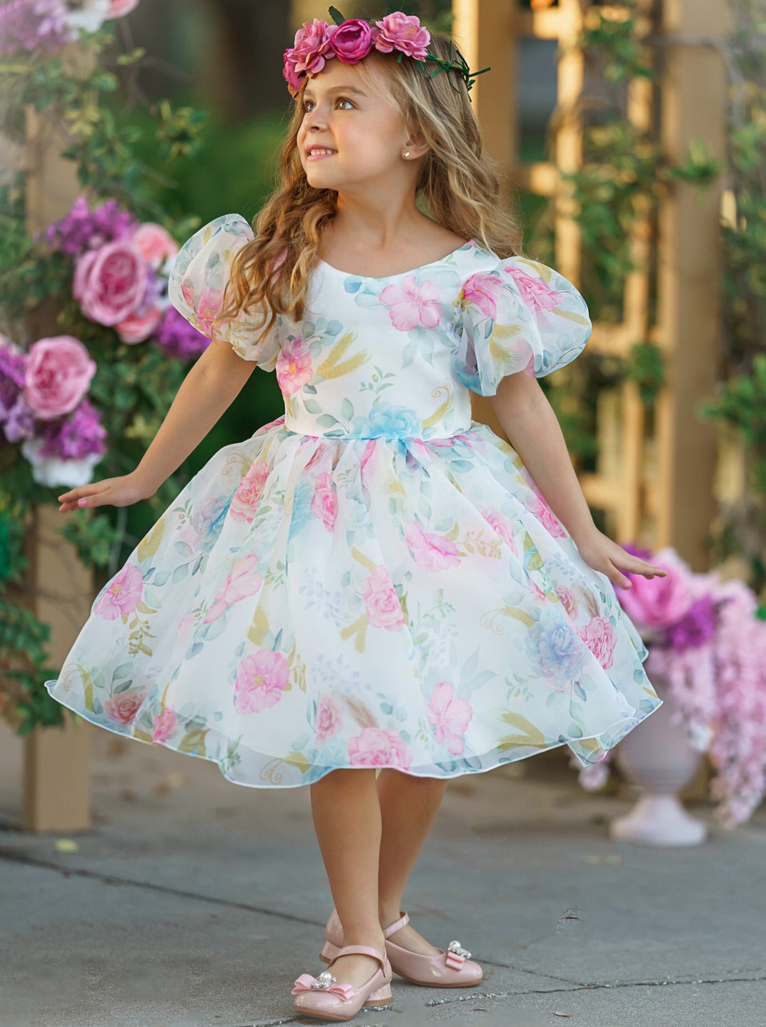 Spring Flower Girl Dresses | Puff Sleeve Floral Pleated Party Dress