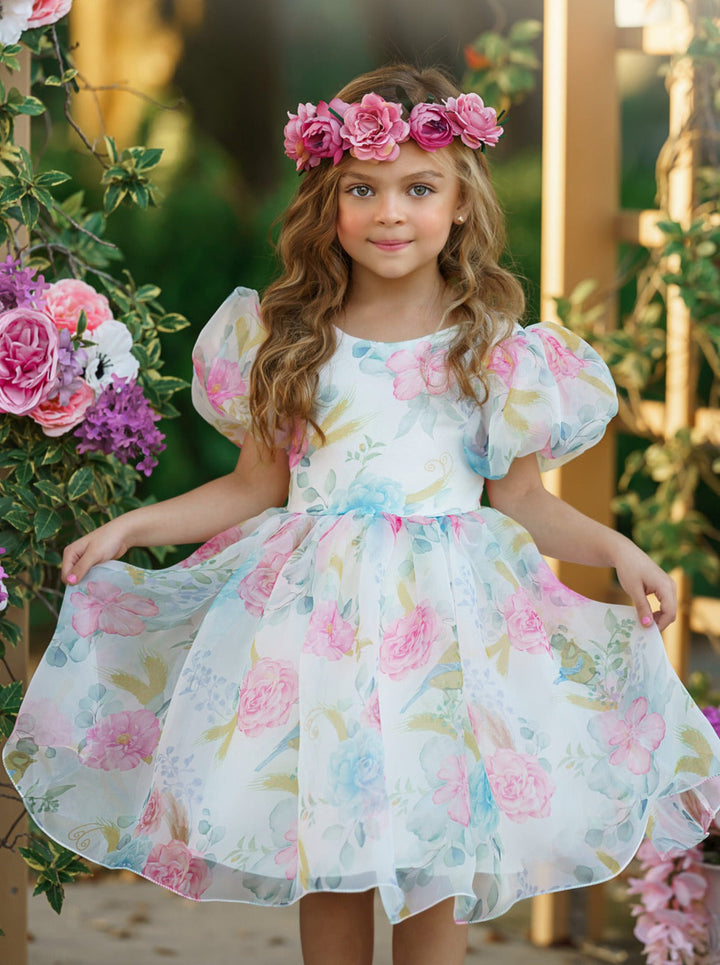 Spring Flower Girl Dresses | Puff Sleeve Floral Pleated Party Dress