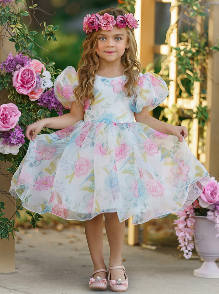 Spring Flower Girl Dresses | Puff Sleeve Floral Pleated Party Dress