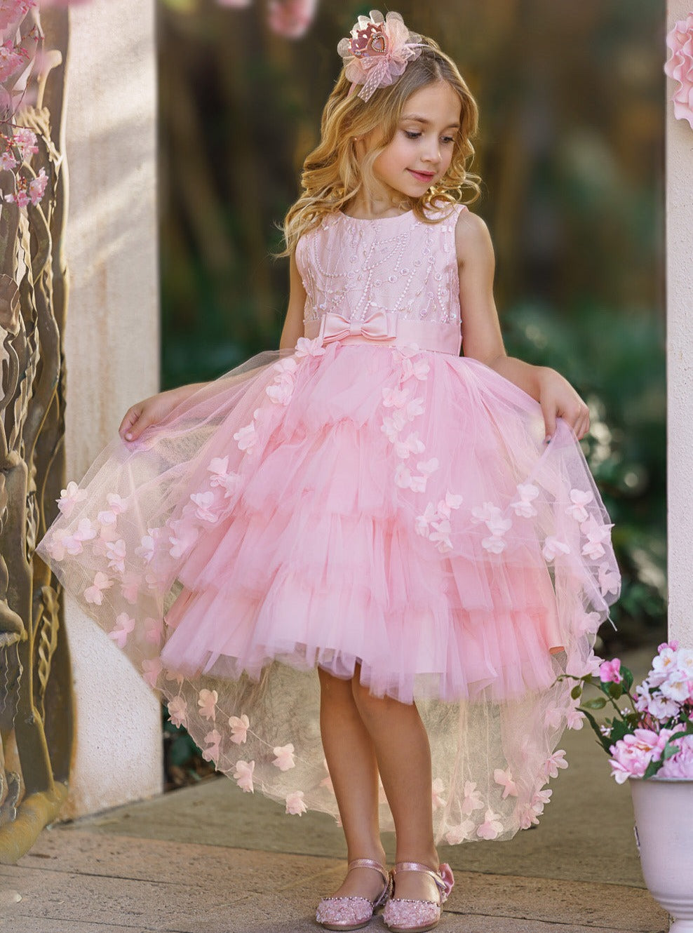 Girls Formal Dresses | Pink Embroidered Bodice Floral Hi-Lo Dress