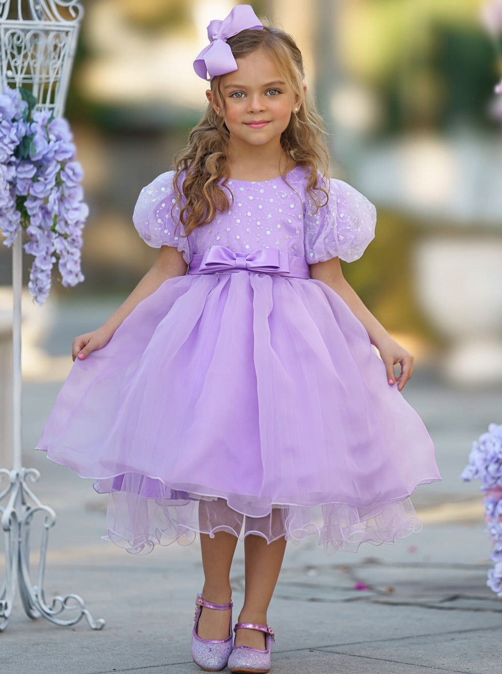 Girls Formal Dresses | Sequin Puff Sleeve Mid Length Formal Dress