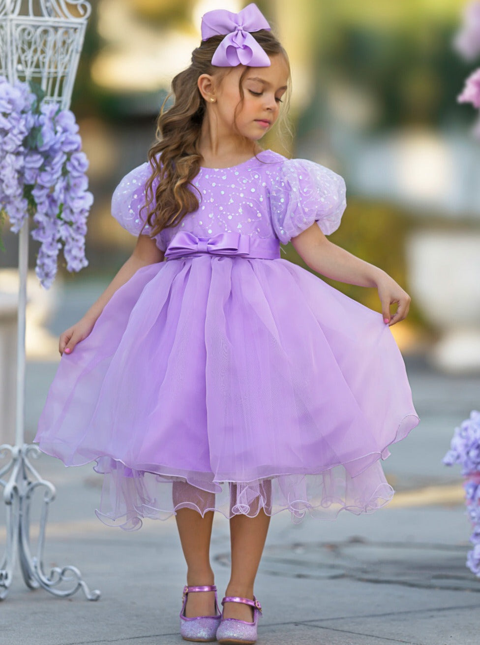 Girls Formal Dresses | Sequin Puff Sleeve Mid Length Formal Dress