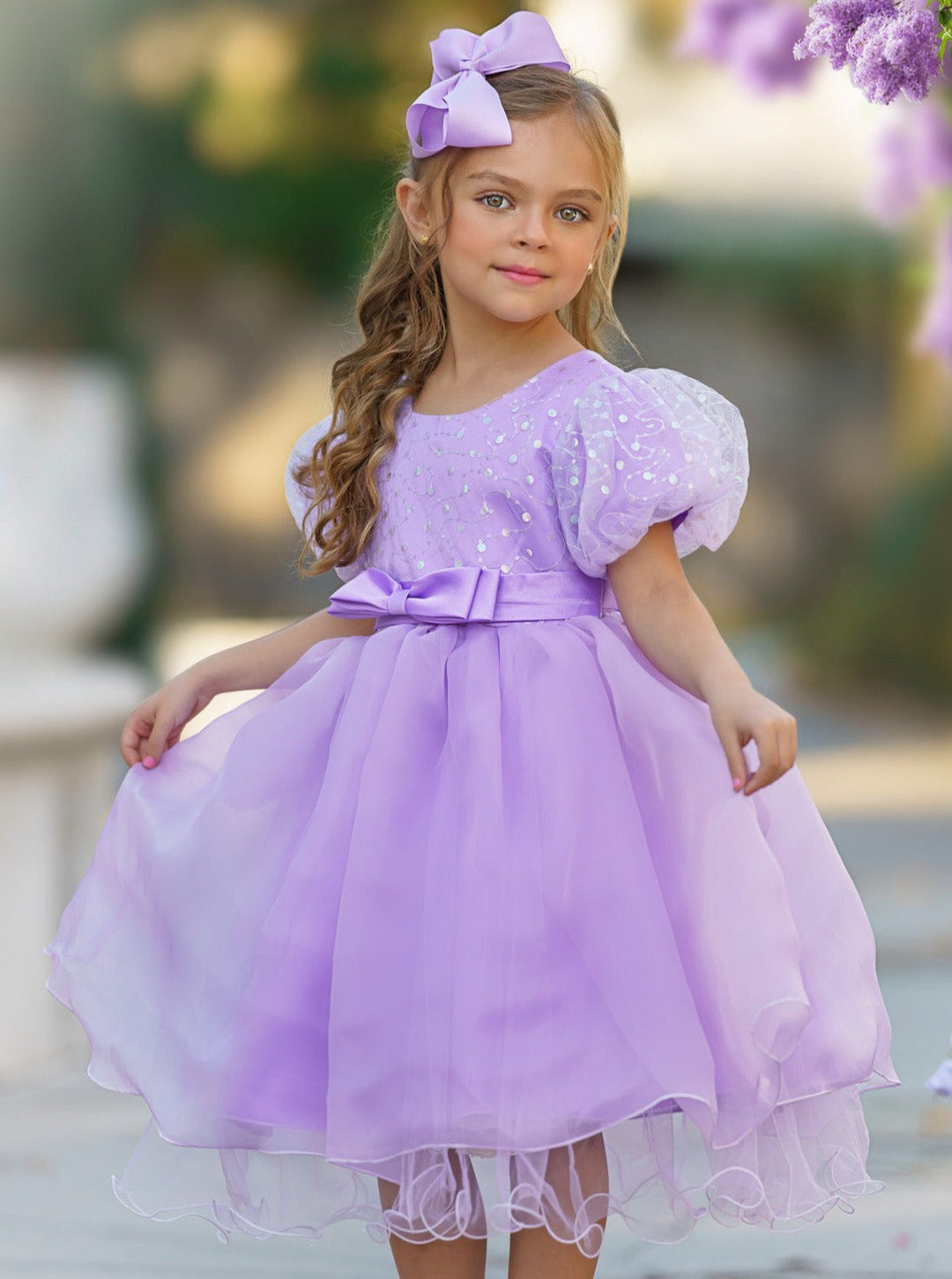 Girls Formal Dresses | Sequin Puff Sleeve Mid Length Formal Dress