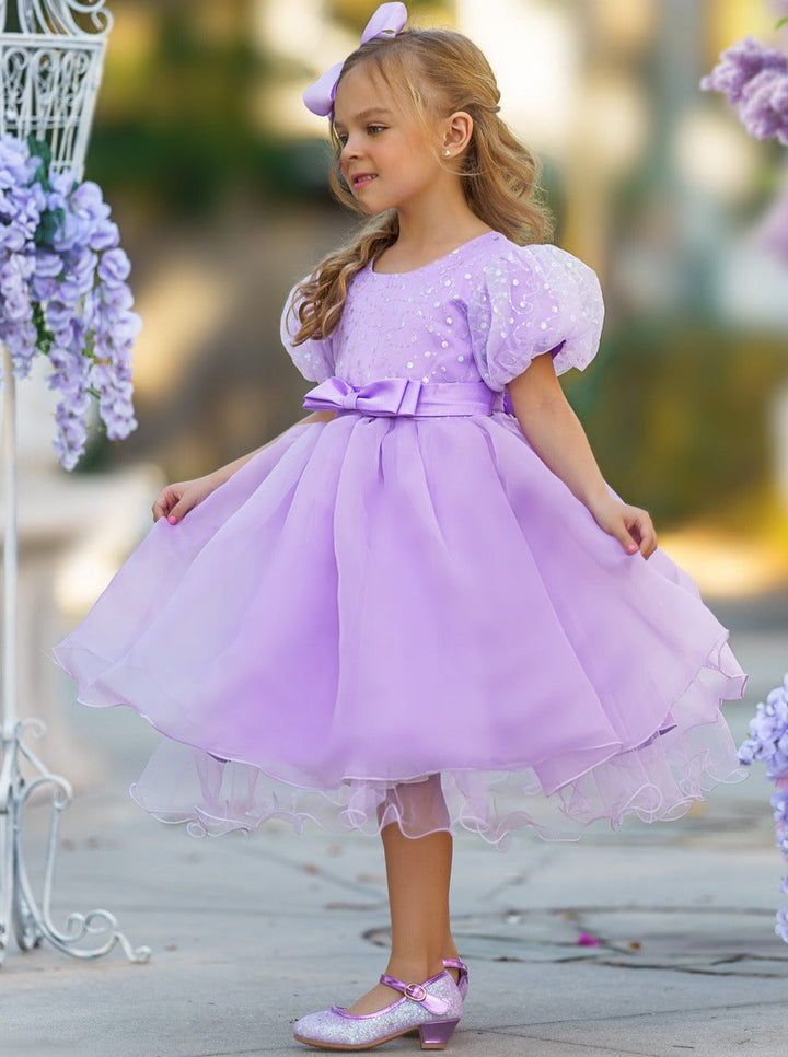 Girls Formal Dresses | Sequin Puff Sleeve Mid Length Formal Dress