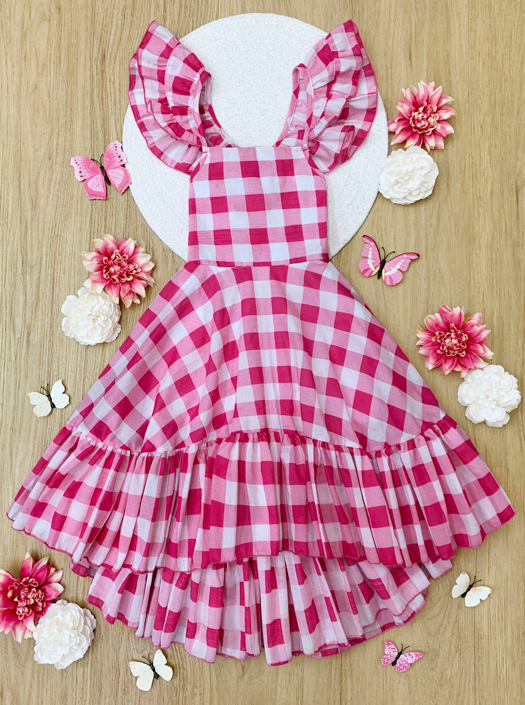 Girls Spring Dresses | Pink Plaid Hi Lo Ruffle Dress | Mia Belle Girls