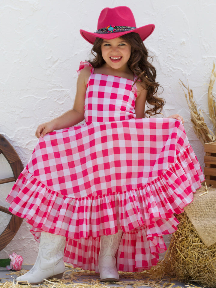 Girls Spring Dresses | Pink Plaid Hi Lo Ruffle Dress | Mia Belle Girls