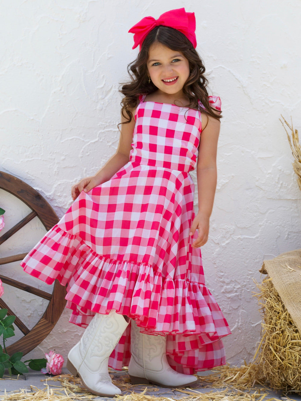 Girls Spring Dresses | Pink Plaid Hi Lo Ruffle Dress | Mia Belle Girls