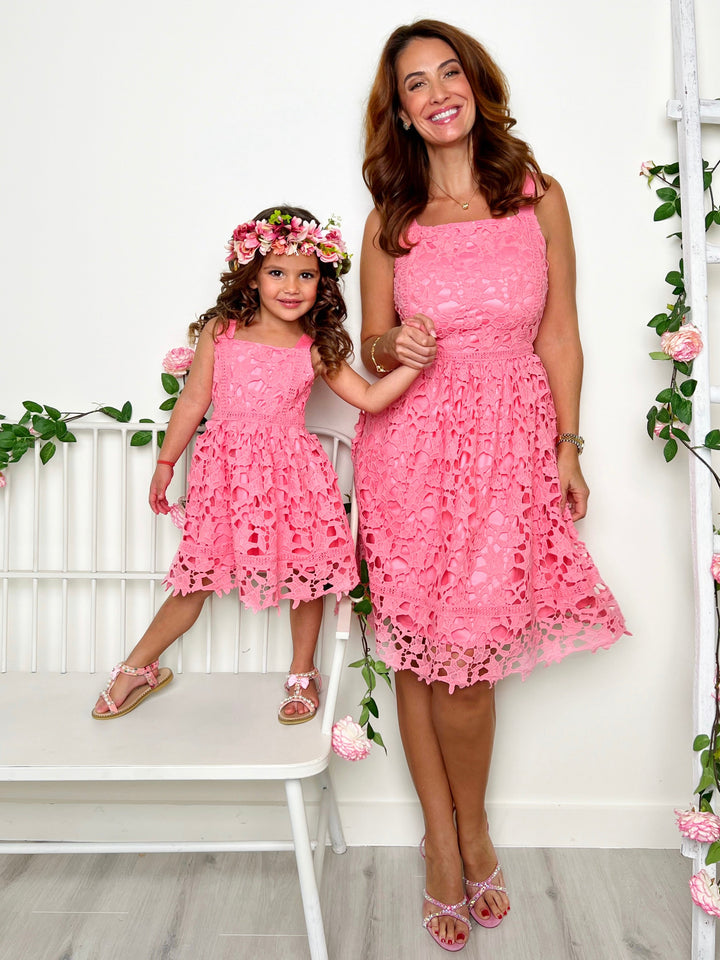 Mia Belle Girls Pink Crochet Dress | Mommy and Me Spring Dresses