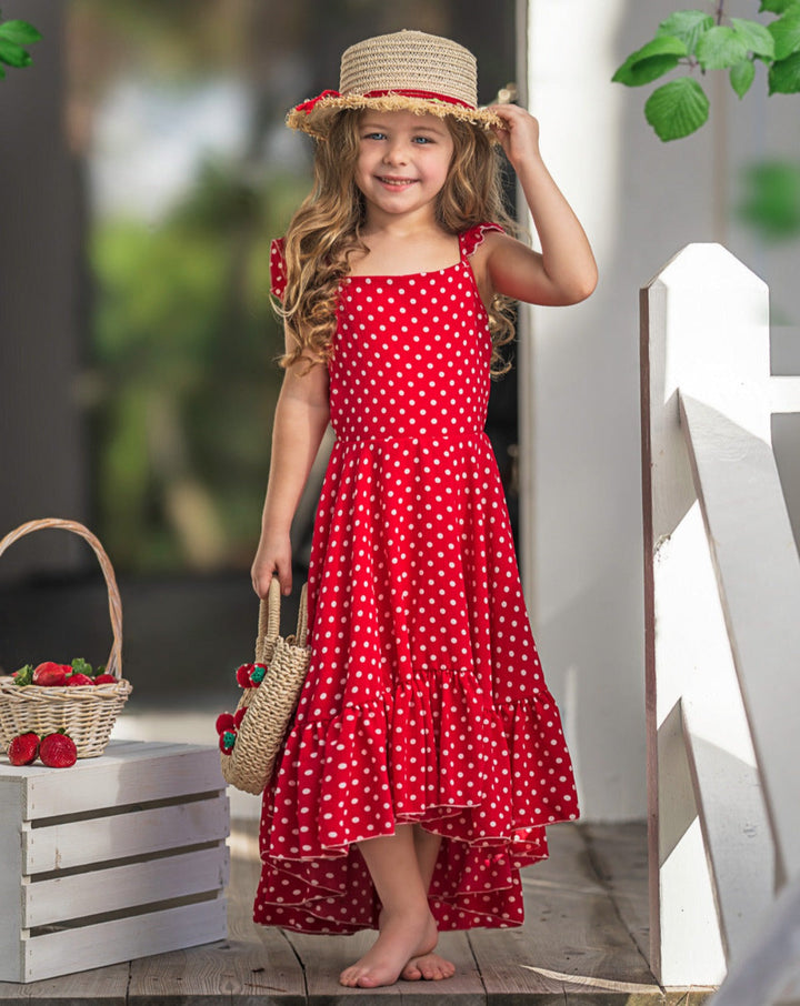 Mia Belle Girls Red Polka Dot Hi-Lo Dress | Girls Spring Dresses