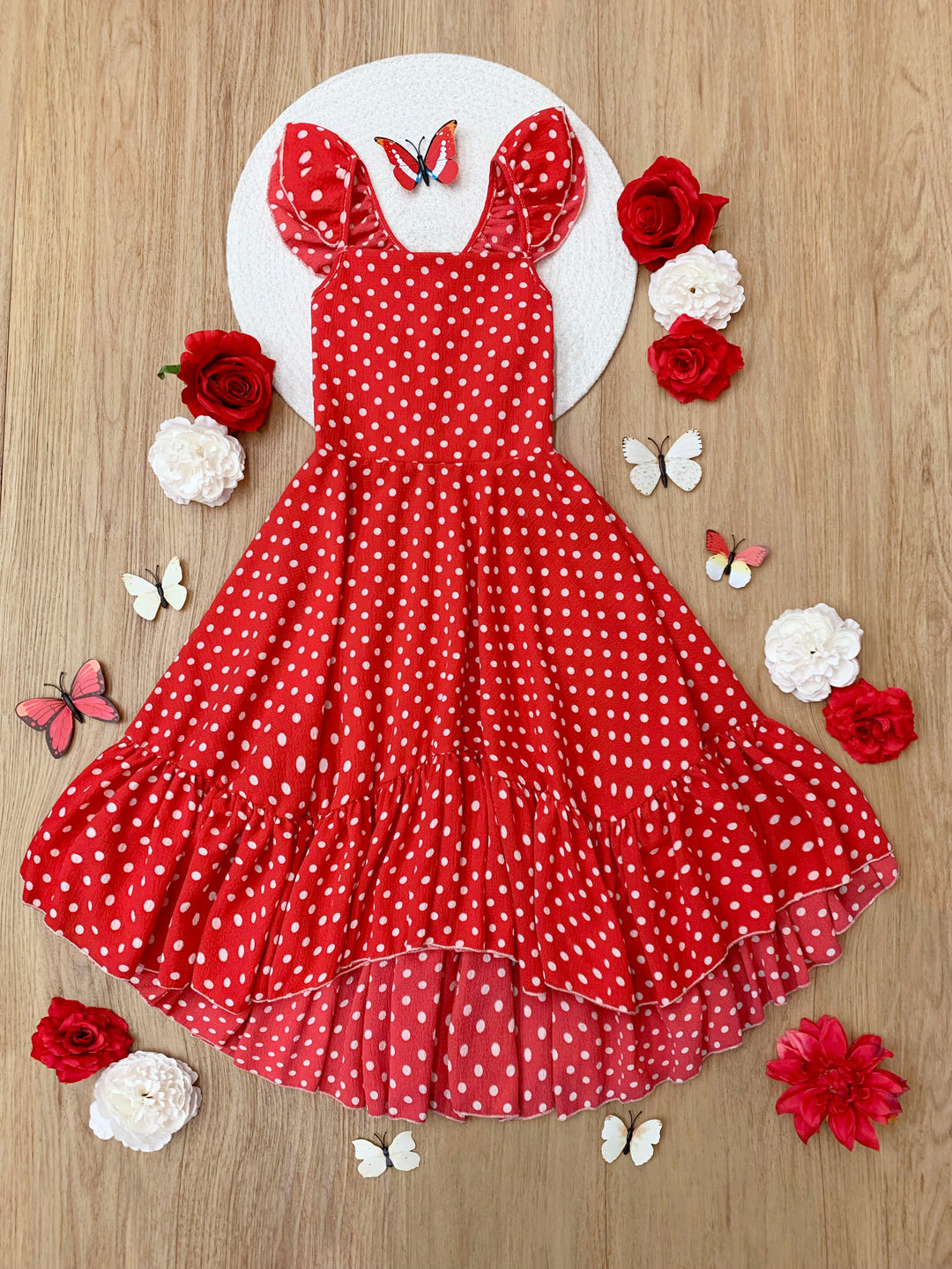 Mia Belle Girls Red Polka Dot Hi-Lo Dress | Girls Spring Dresses