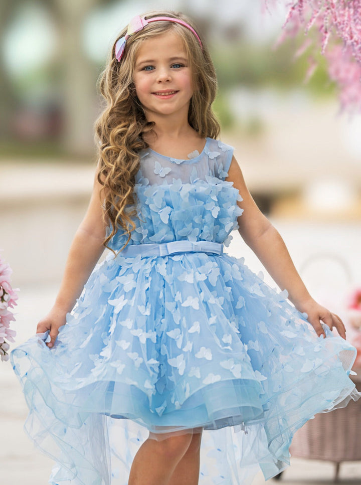 Mia Belle Girls Blue Butterfly Tulle Dress | Girls Formal Dresses