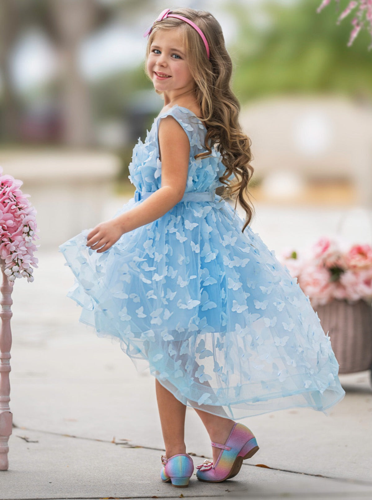 Mia Belle Girls Blue Butterfly Tulle Dress | Girls Formal Dresses