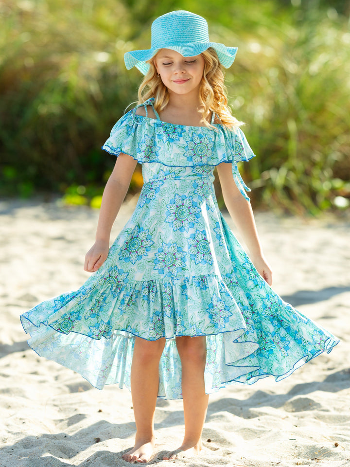 Tropical Floral Bloom Ruffle Hi Lo Dress