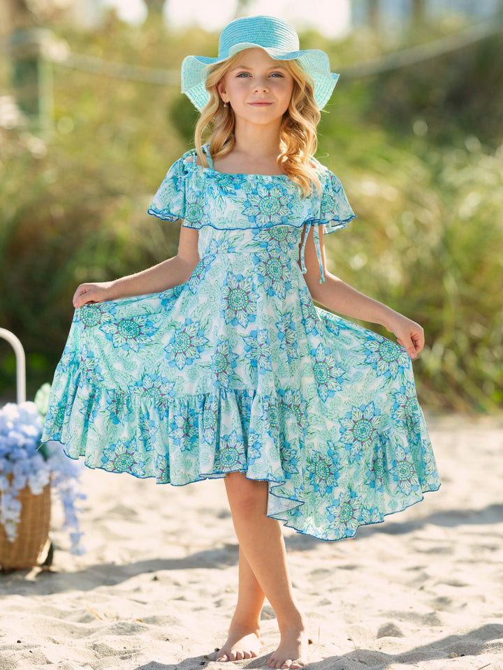 Tropical Floral Bloom Ruffle Hi Lo Dress