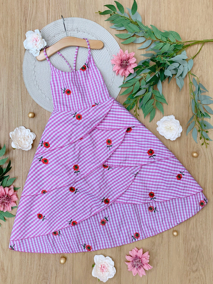 Seaside Bloom Gingham Embroidered Floral Ruffle Dress