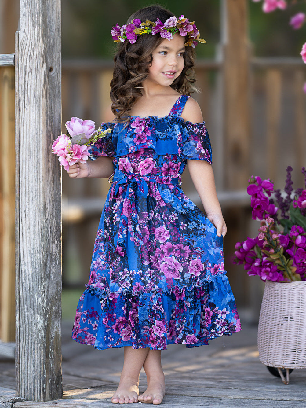 Twilight Blooms Ruffle Midi Dress