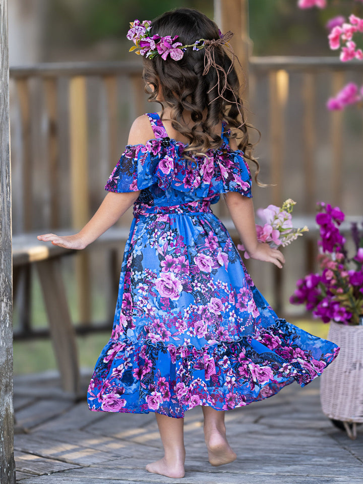 Twilight Blooms Ruffle Midi Dress