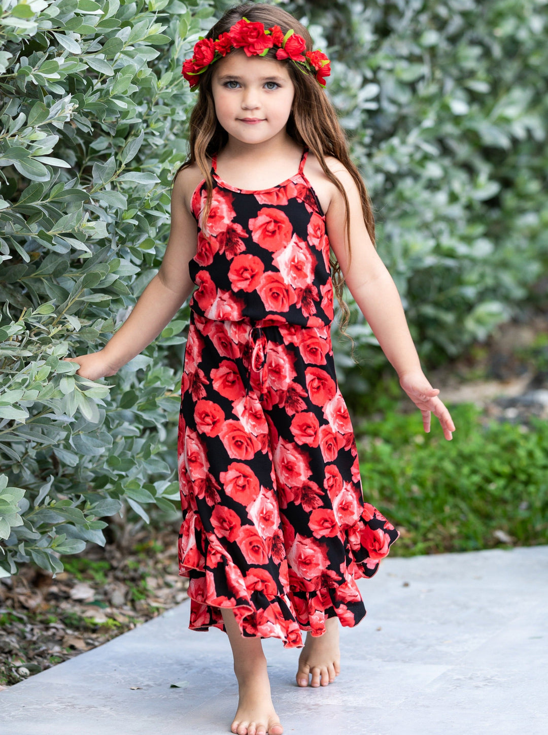 Cute Toddler Outfit | Girls Sleeveless Floral Ruffle Hem Jumpsuit