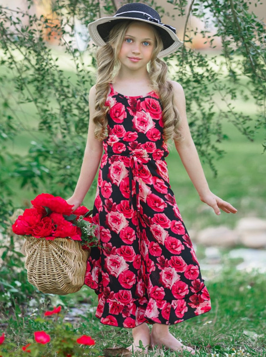 Cute Toddler Outfit | Girls Sleeveless Floral Ruffle Hem Jumpsuit