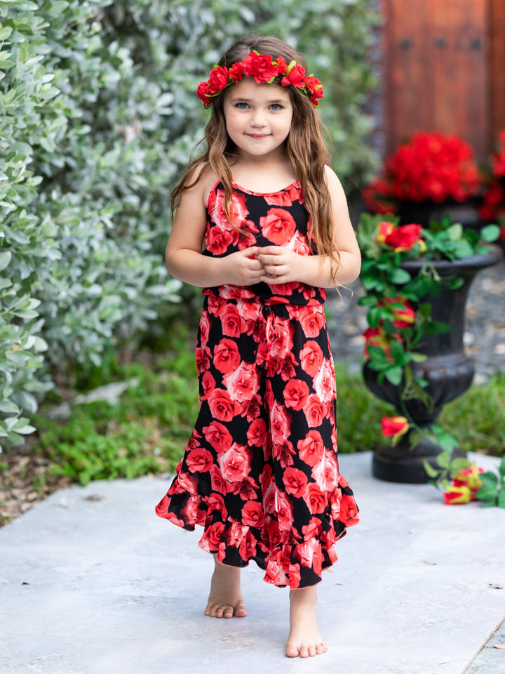 Cute Toddler Outfit | Girls Sleeveless Floral Ruffle Hem Jumpsuit