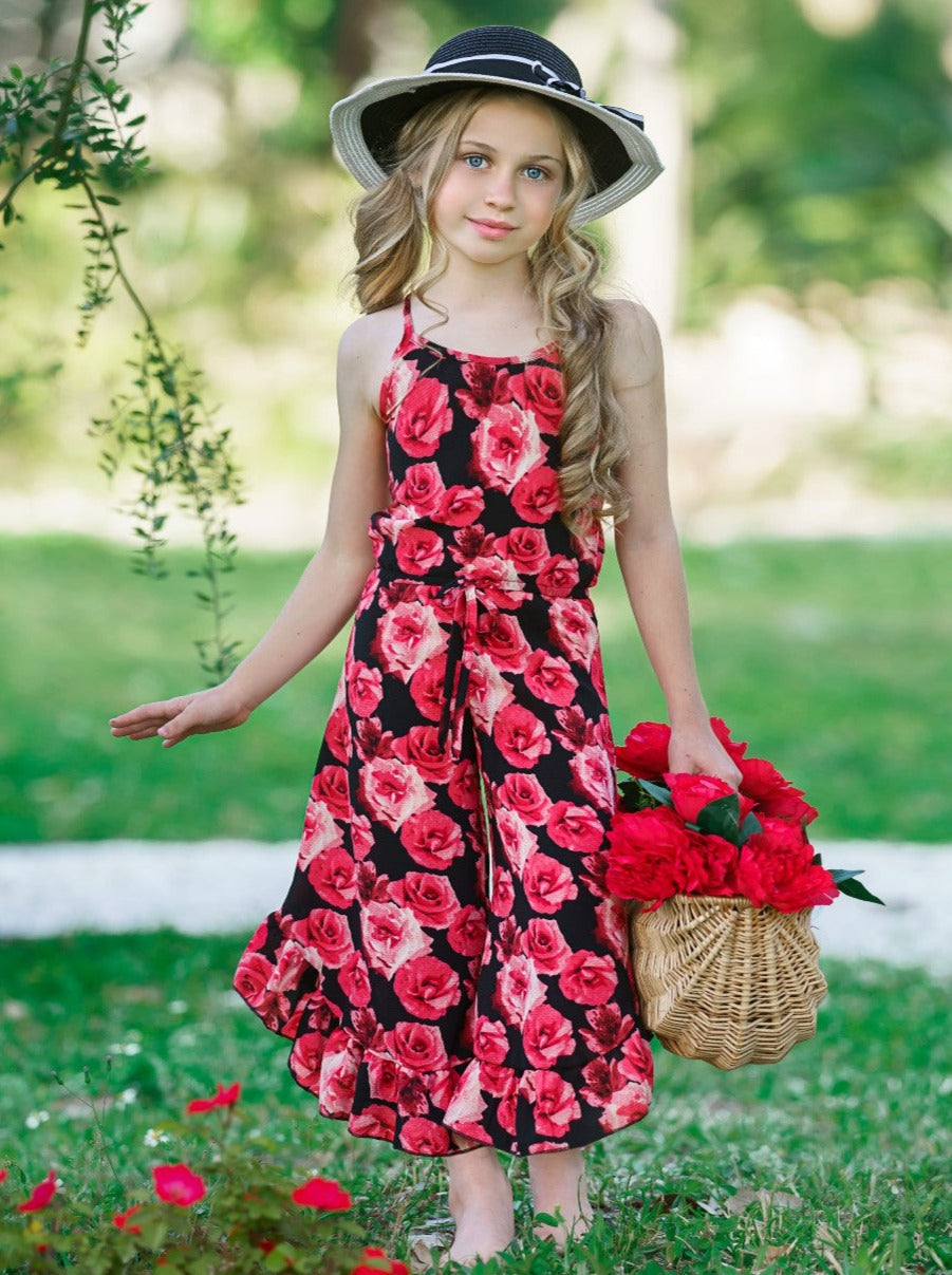 Cute Toddler Outfit | Girls Sleeveless Floral Ruffle Hem Jumpsuit