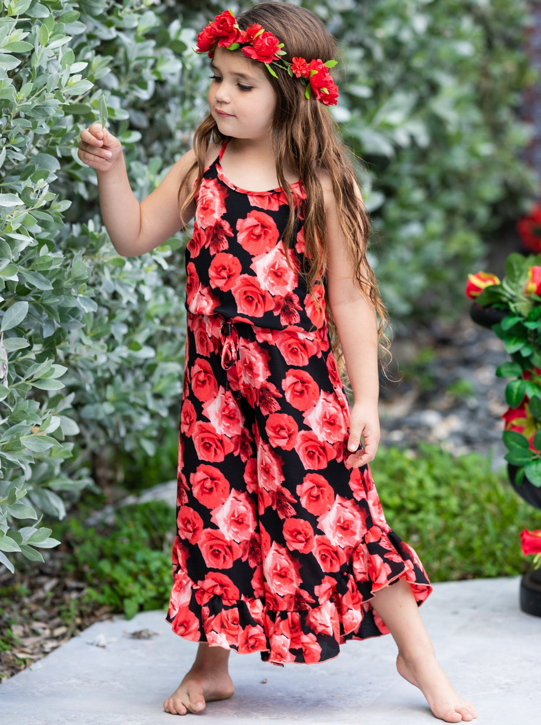 Cute Toddler Outfit | Girls Sleeveless Floral Ruffle Hem Jumpsuit