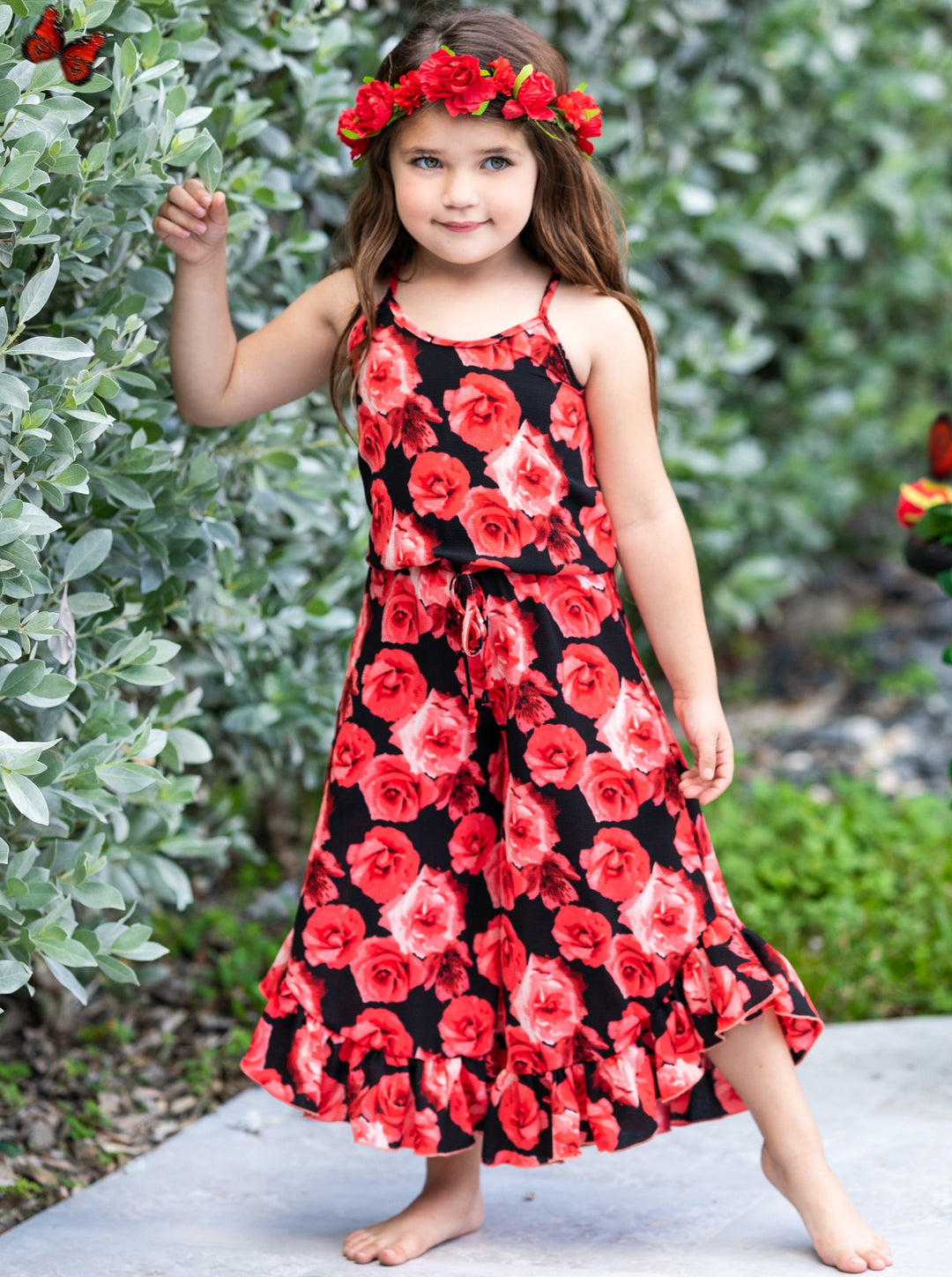 Cute Toddler Outfit | Girls Sleeveless Floral Ruffle Hem Jumpsuit