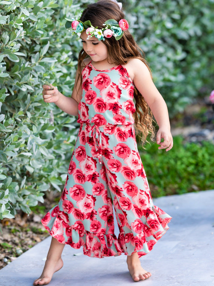 Cute Toddler Outfit | Girls Sleeveless Floral Ruffle Hem Jumpsuit